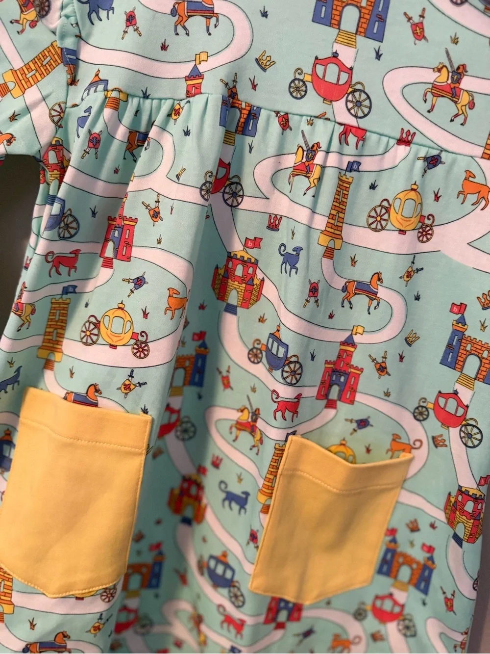 Bella Bliss Castle Print Long-Sleeve Dress with Yellow Pockets